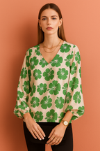 V-Neck Cream Top with Bold Hibiscus Floral Print and Long Sleeves