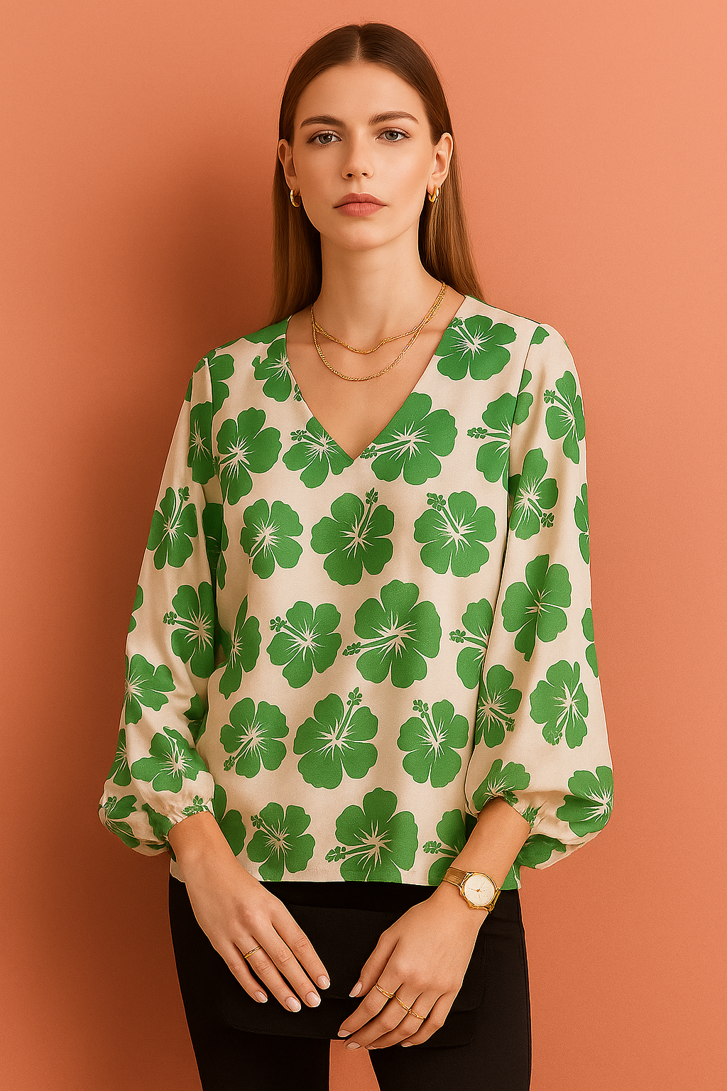 V-Neck Cream Top with Bold Hibiscus Floral Print and Long Sleeves