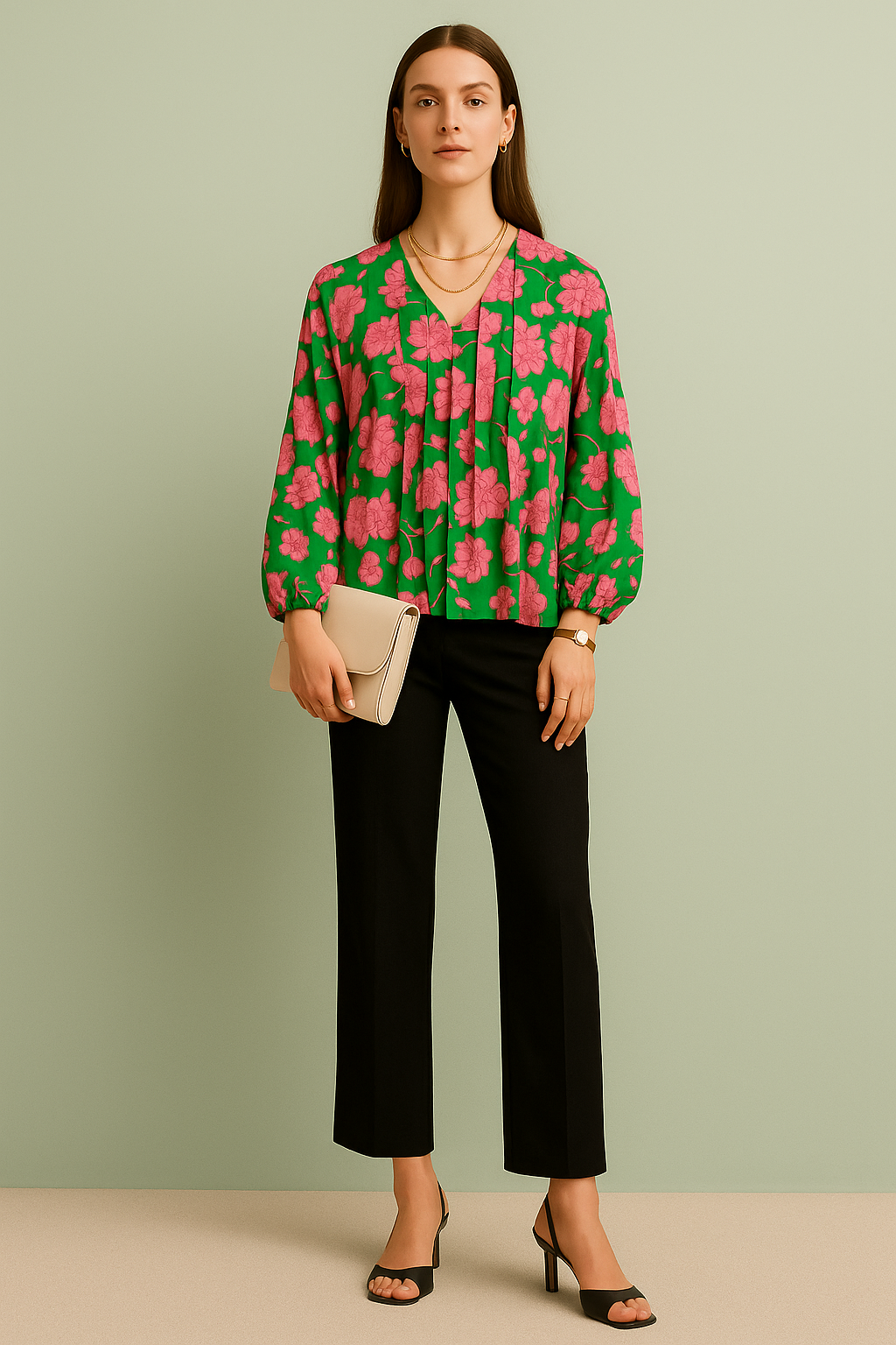 Floral Print V-Neck Puff Sleeve Top