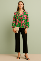 Floral Print V-Neck Puff Sleeve Top