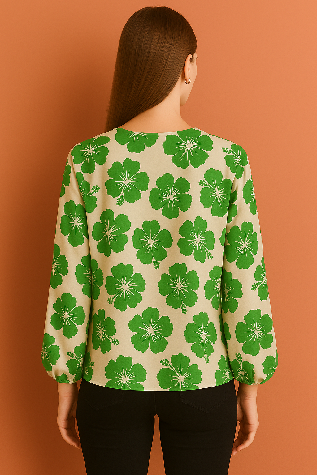 V-Neck Cream Top with Bold Hibiscus Floral Print and Long Sleeves