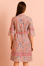 Floral Print Belted A-Line Dress with Bell Sleeves