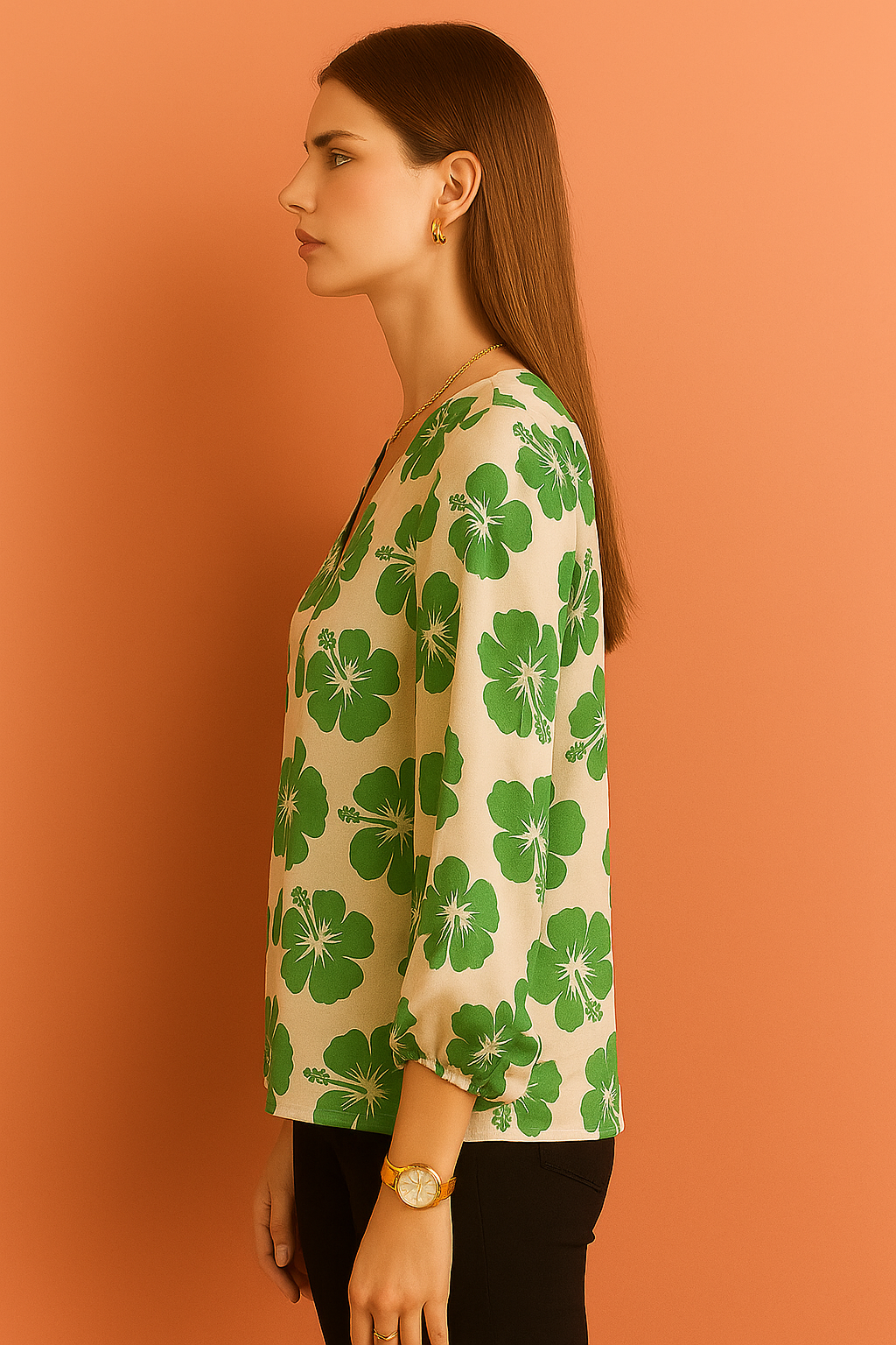 V-Neck Cream Top with Bold Hibiscus Floral Print and Long Sleeves