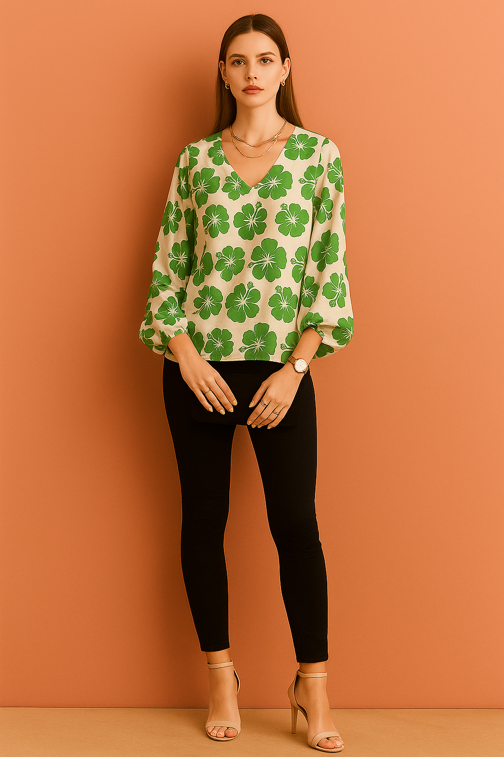 V-Neck Cream Top with Bold Hibiscus Floral Print and Long Sleeves