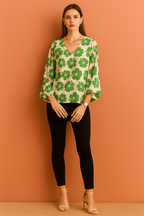V-Neck Cream Top with Bold Hibiscus Floral Print and Long Sleeves