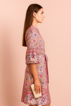 Floral Print Belted A-Line Dress with Bell Sleeves