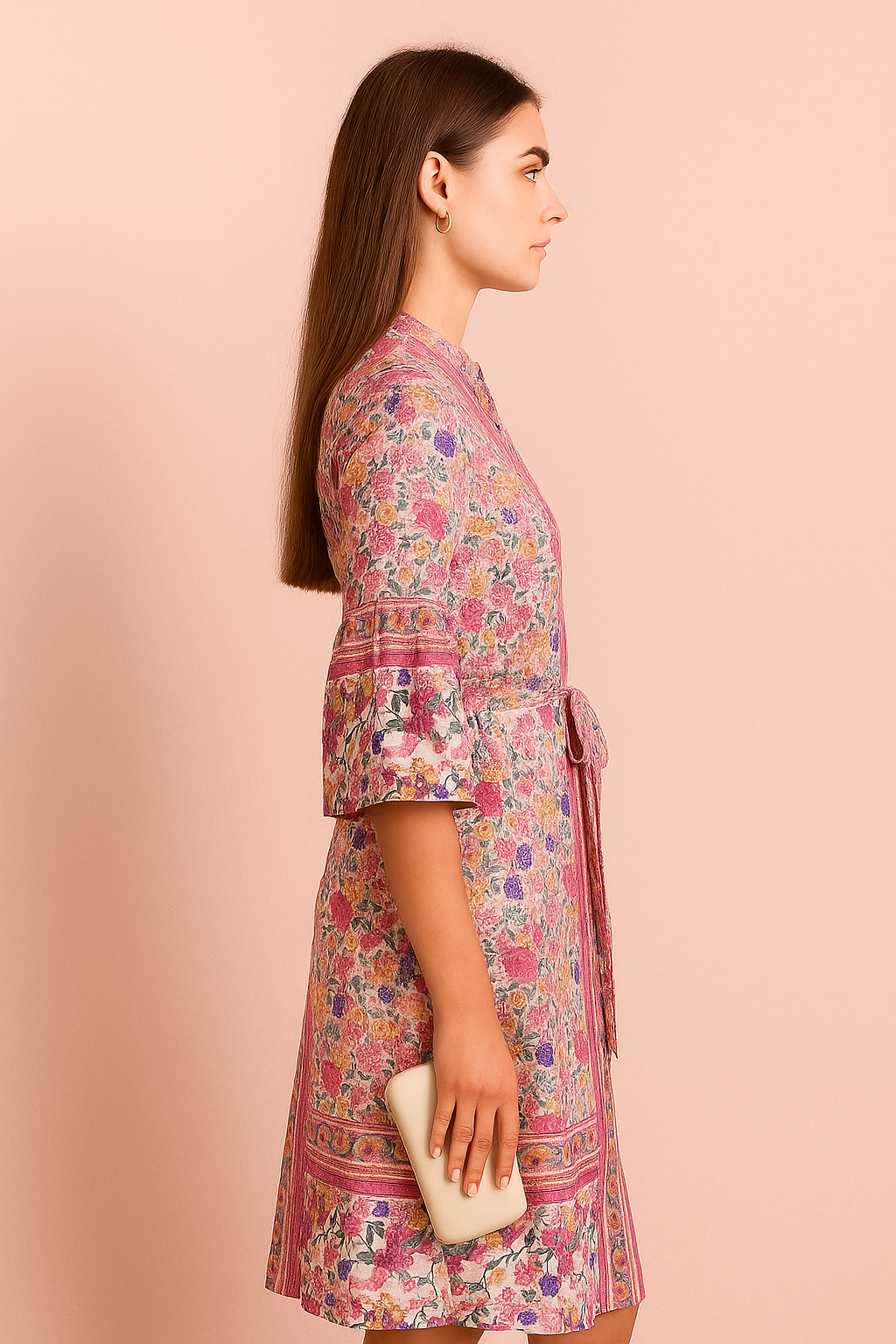 Floral Print Belted A-Line Dress with Bell Sleeves