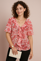 Yellow Floral Ruffle Tie Neck Chiffon Top