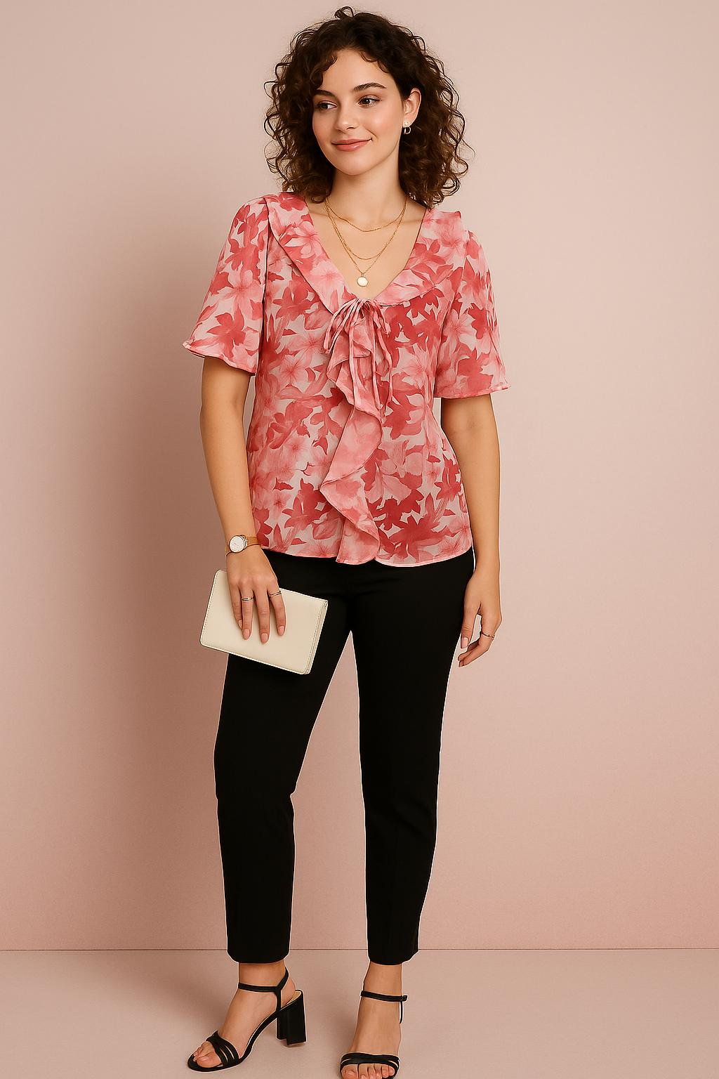 Yellow Floral Ruffle Tie Neck Chiffon Top