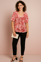 Yellow Floral Ruffle Tie Neck Chiffon Top
