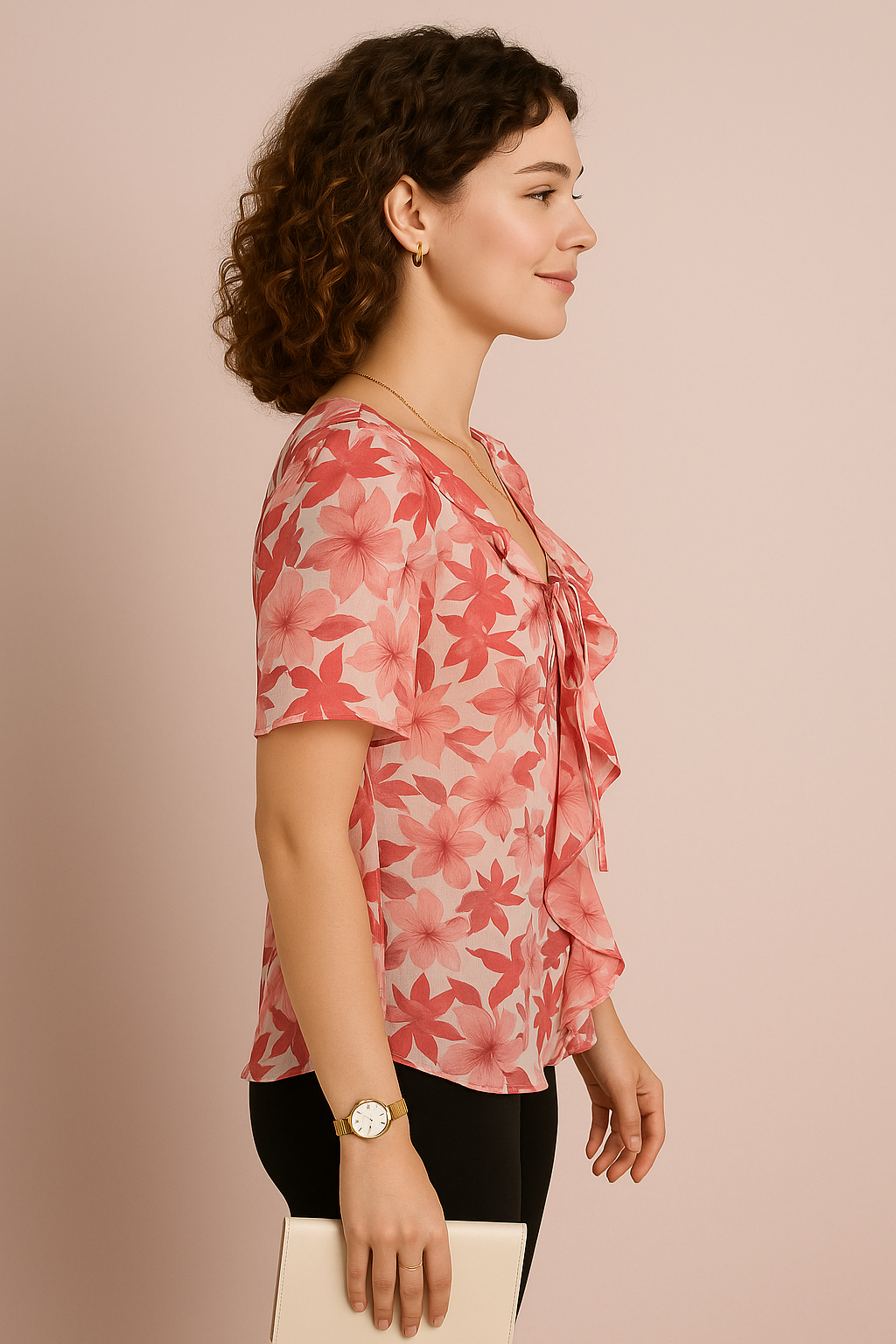 Yellow Floral Ruffle Tie Neck Chiffon Top
