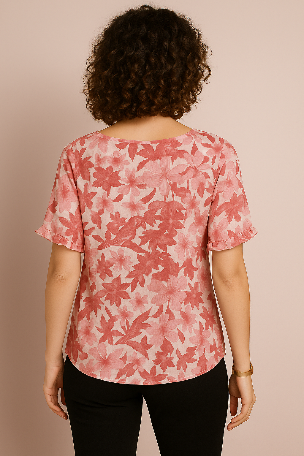Yellow Floral Ruffle Tie Neck Chiffon Top