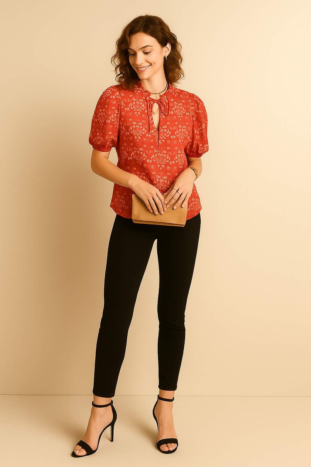 Periwinkle Floral Cotton Top with Puff Sleeves and Tie-Neck Detail