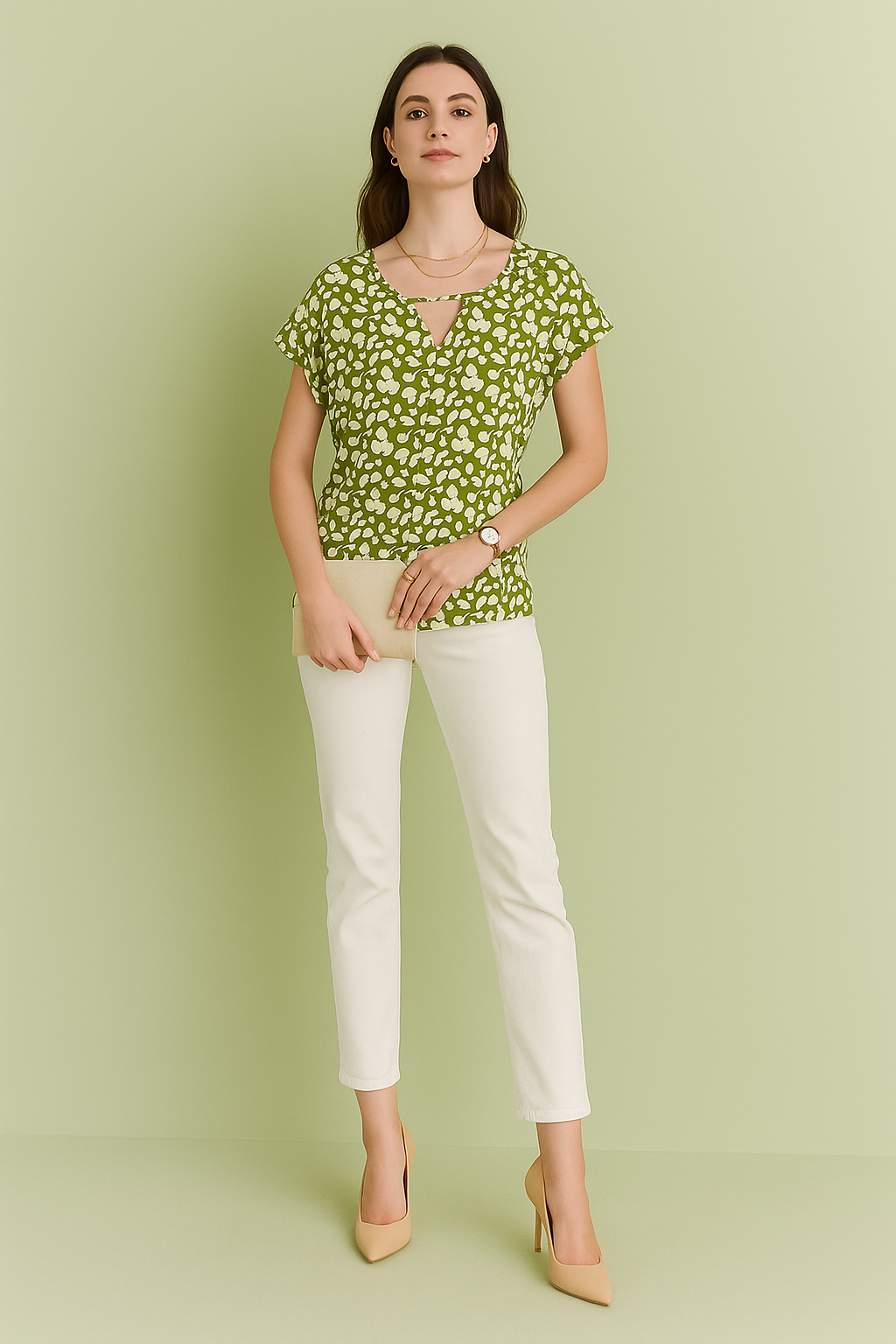 Abstract Printed Crepe Peplum Top with Short Sleeves and Keyhole Neckline