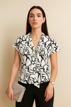 Black Abstract Print Short Sleeve Top with Front Tie Neck