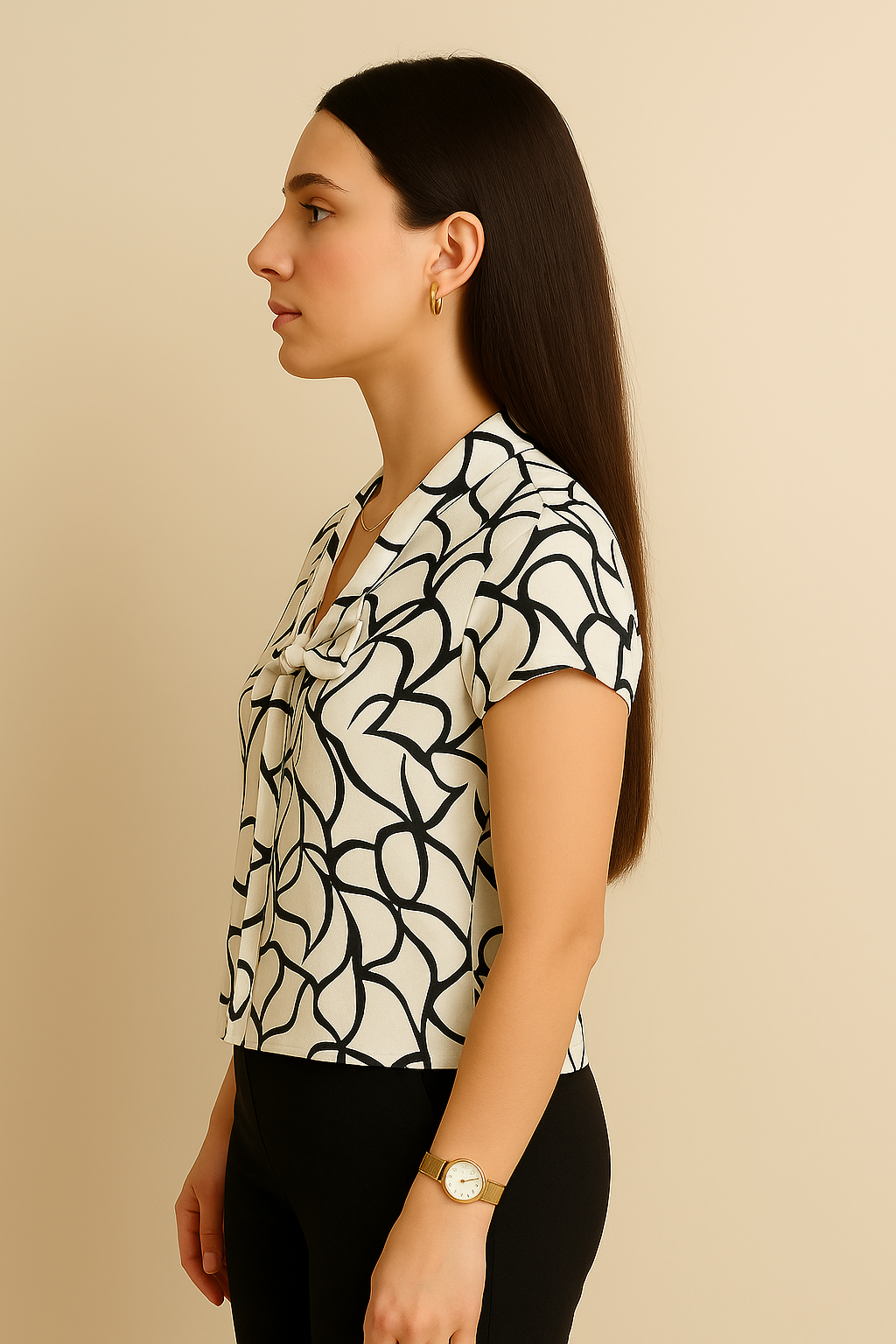 Black Abstract Print Short Sleeve Top with Front Tie Neck