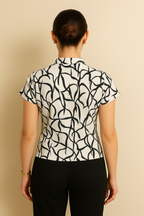 Black Abstract Print Short Sleeve Top with Front Tie Neck