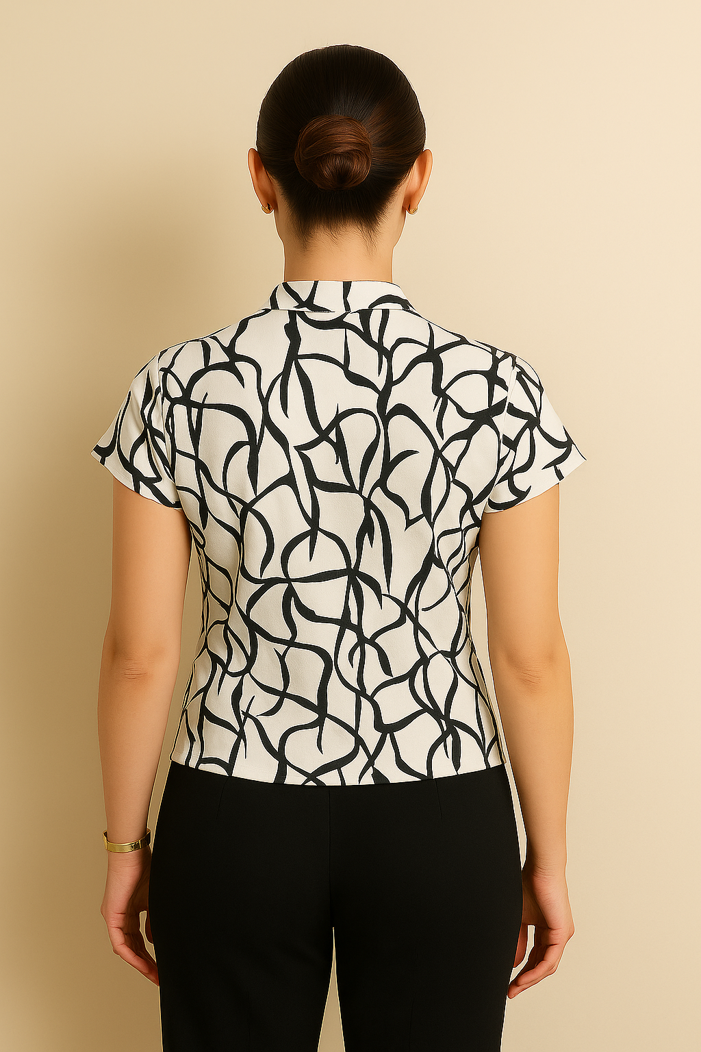 Black Abstract Print Short Sleeve Top with Front Tie Neck