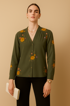 Black Floral Printed Crepe Shirt with Long Sleeves and V Neckline