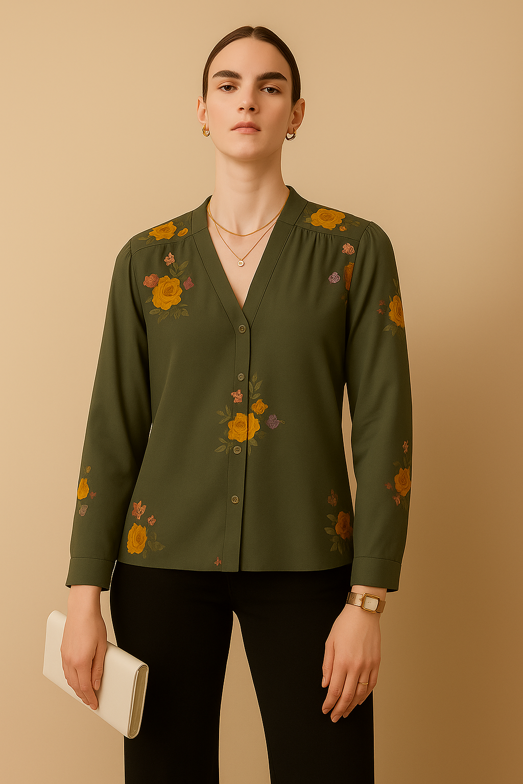 Black Floral Printed Crepe Shirt with Long Sleeves and V Neckline