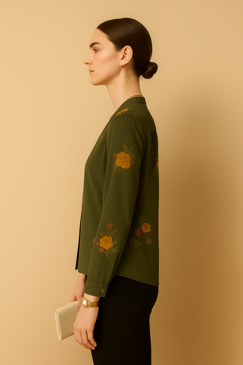 Black Floral Printed Crepe Shirt with Long Sleeves and V Neckline