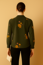 Black Floral Printed Crepe Shirt with Long Sleeves and V Neckline