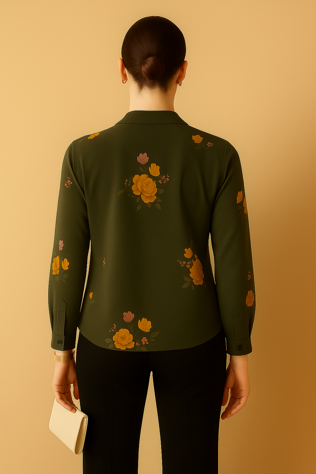 Black Floral Printed Crepe Shirt with Long Sleeves and V Neckline