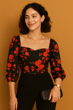 Black Floral Sweetheart Neck Crop Top in Soft Cotton Blend with Three Quarter Sleeves