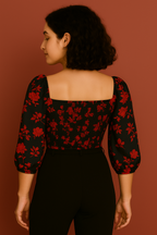 Black Floral Sweetheart Neck Crop Top in Soft Cotton Blend with Three Quarter Sleeves