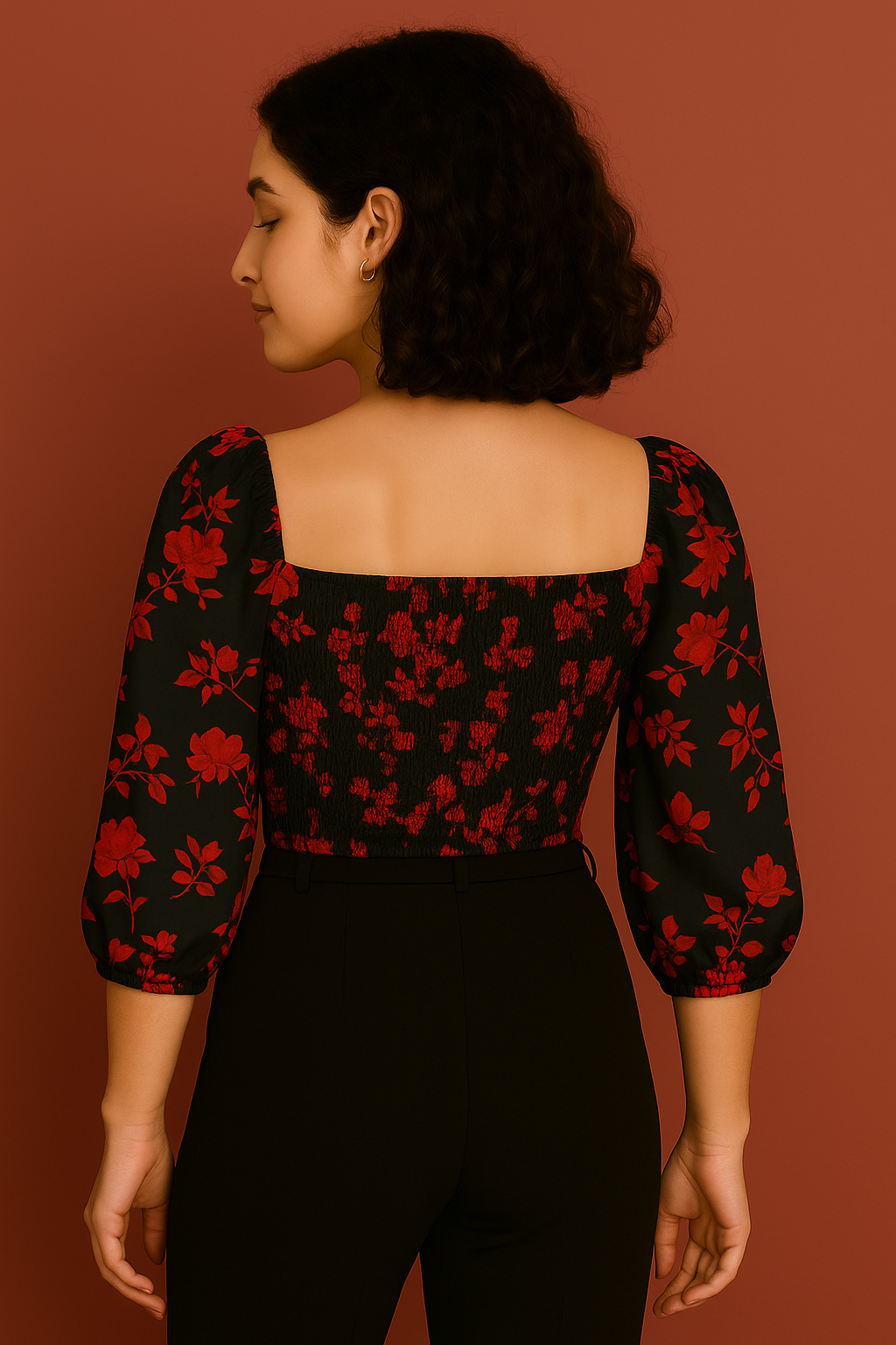 Black Floral Sweetheart Neck Crop Top in Soft Cotton Blend with Three Quarter Sleeves