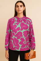 Orange and Blue Floral Print Long Sleeve Blouse with Ruffle Neckline