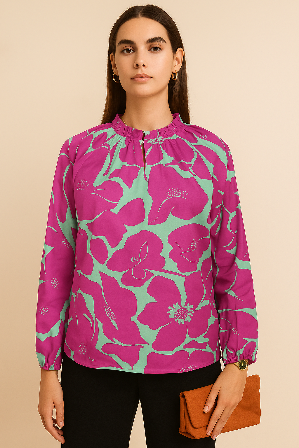 Orange and Blue Floral Print Long Sleeve Blouse with Ruffle Neckline
