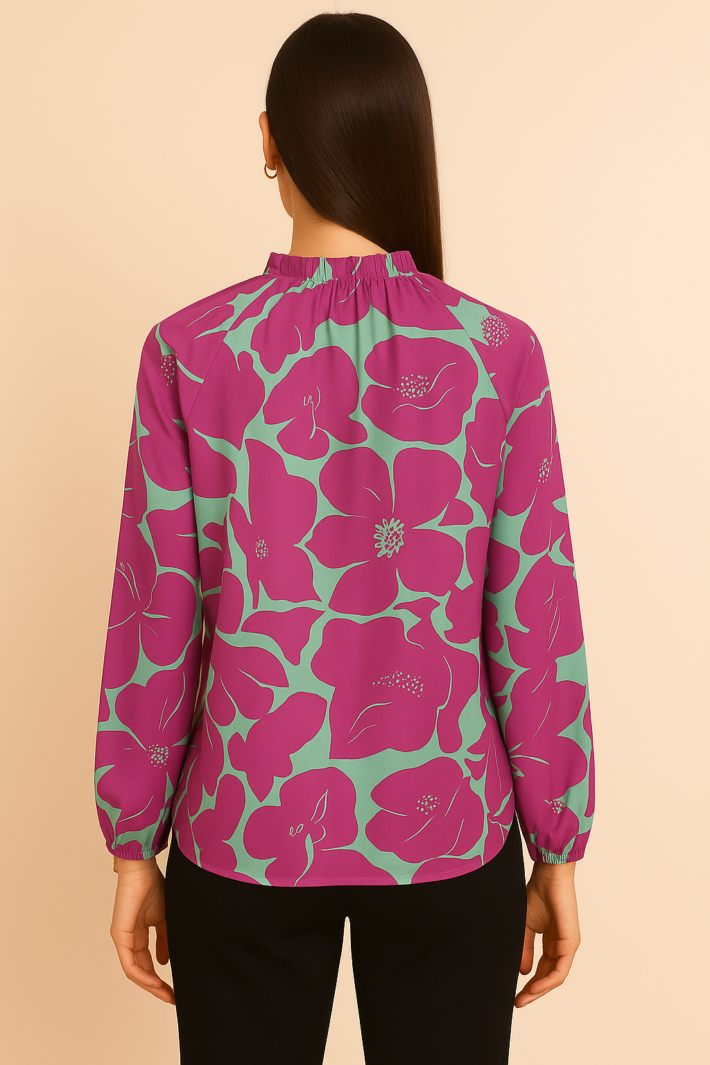 Orange and Blue Floral Print Long Sleeve Blouse with Ruffle Neckline