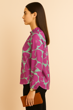 Orange and Blue Floral Print Long Sleeve Blouse with Ruffle Neckline