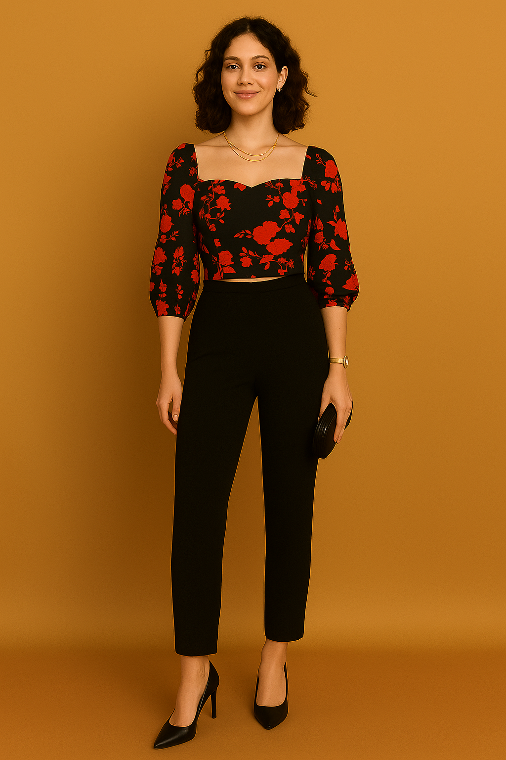 Black Floral Sweetheart Neck Crop Top in Soft Cotton Blend with Three Quarter Sleeves