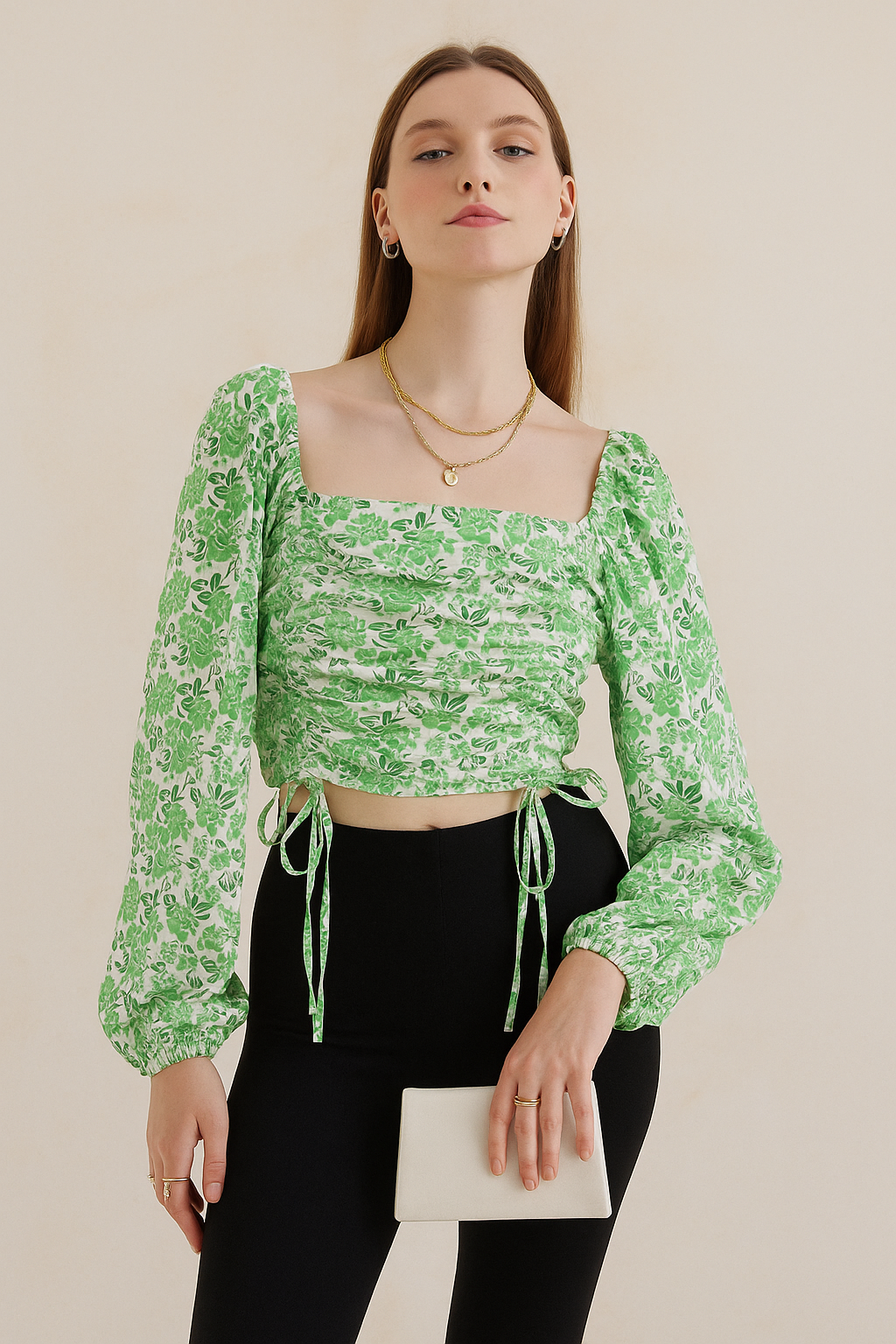 Square Neck Long Sleeve Floral Ruched Top with Waist Tie Detail