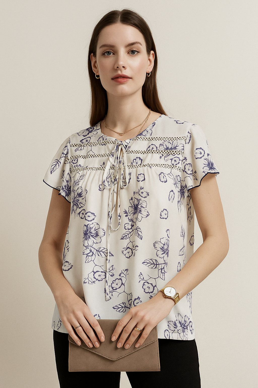 Floral Lace Yoke Tie-Neck Blouse