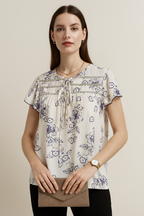 Floral Lace Yoke Tie-Neck Blouse