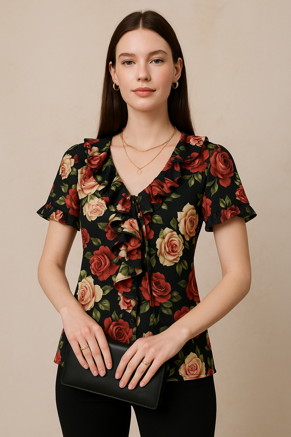 Black Floral Printed Satin Top with Short Sleeves Ruffle Front and Tie Neck Detail