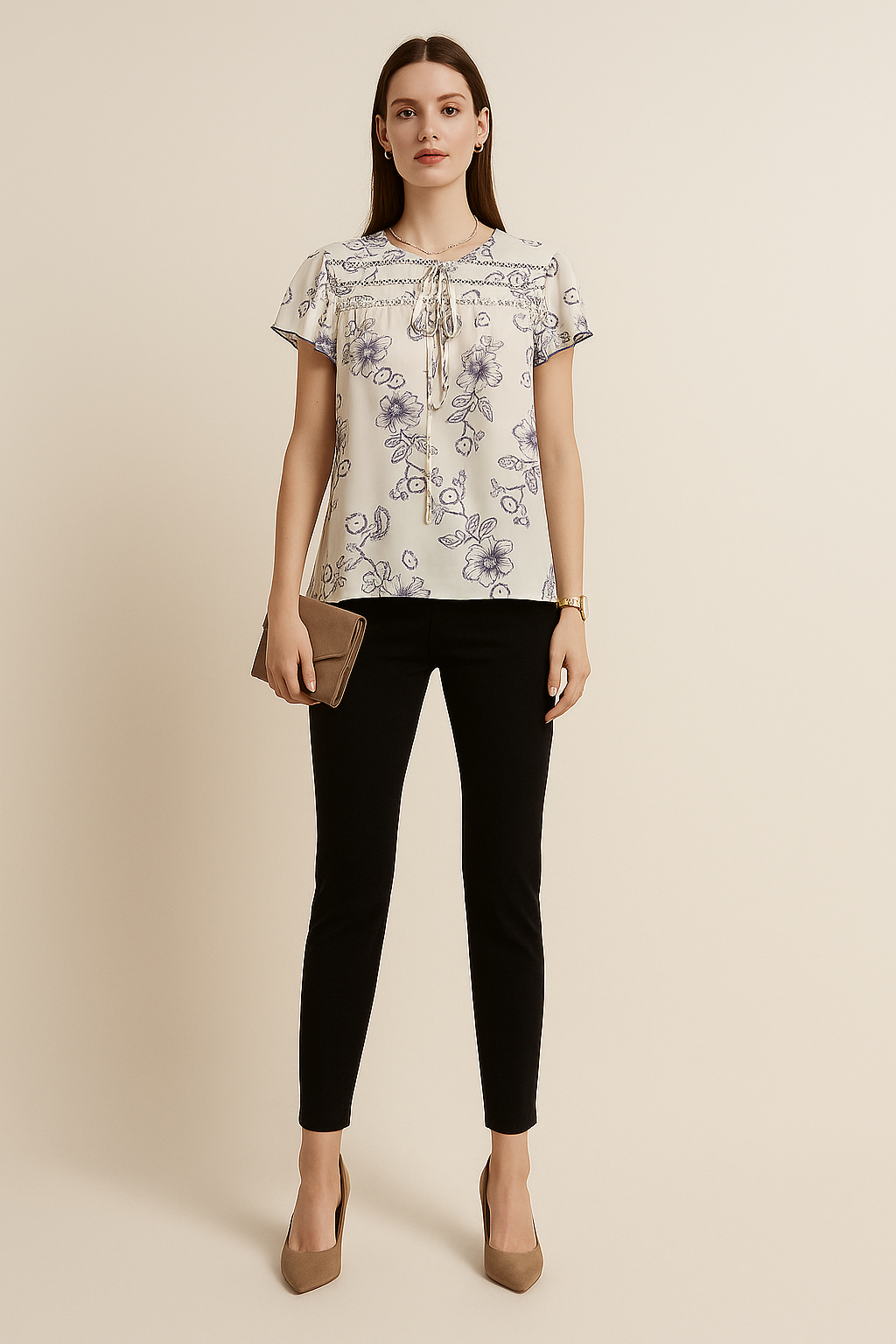 Floral Lace Yoke Tie-Neck Blouse