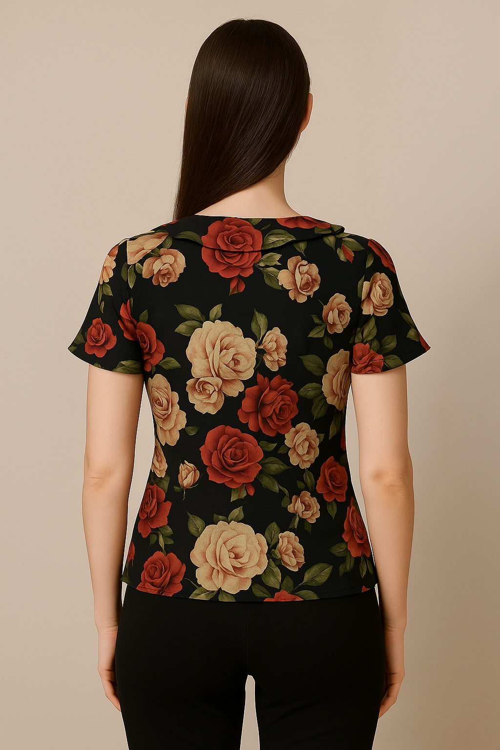 Black Floral Printed Satin Top with Short Sleeves Ruffle Front and Tie Neck Detail