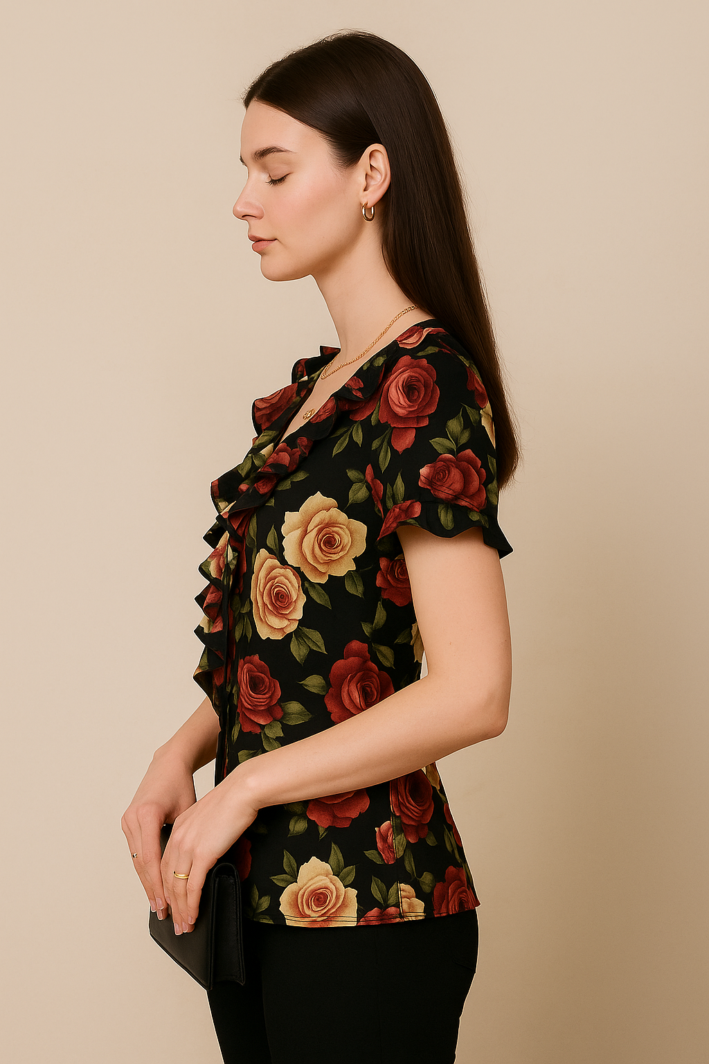 Black Floral Printed Satin Top with Short Sleeves Ruffle Front and Tie Neck Detail