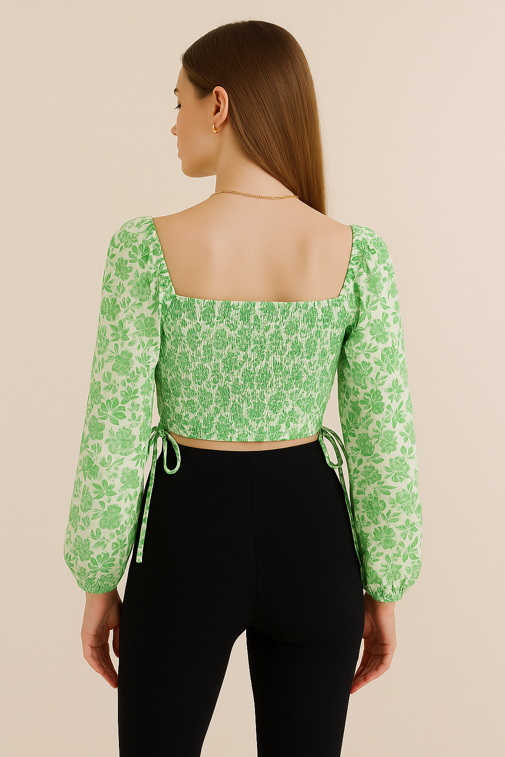 Square Neck Long Sleeve Floral Ruched Top with Waist Tie Detail