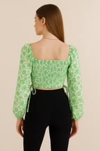 Square Neck Long Sleeve Floral Ruched Top with Waist Tie Detail