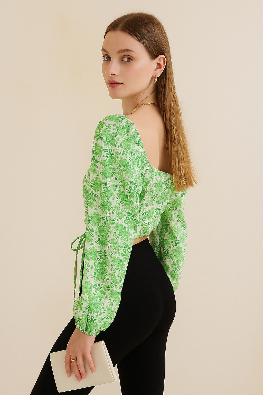 Square Neck Long Sleeve Floral Ruched Top with Waist Tie Detail