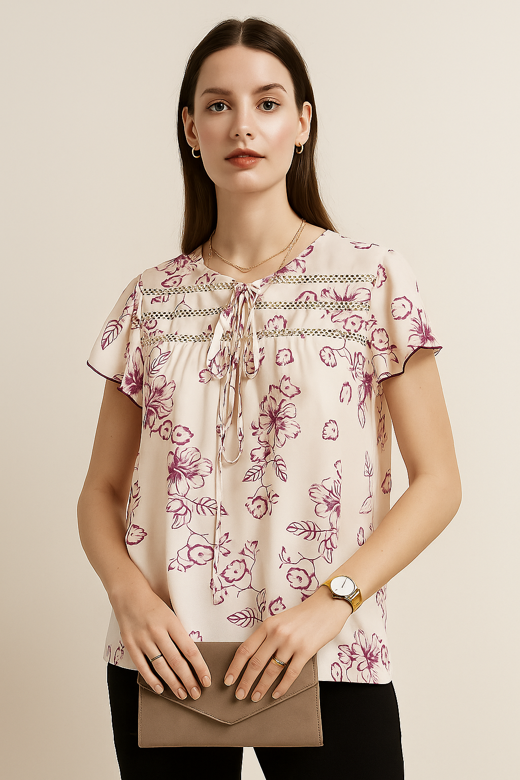 Floral Lace Yoke Tie-Neck Blouse