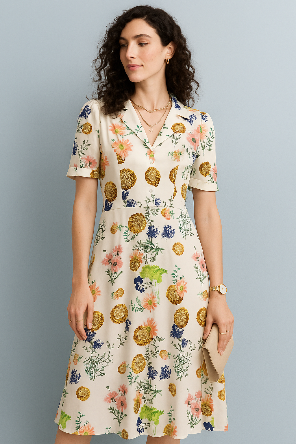 Short-Sleeve Midi Dress with Multicolor Floral Print