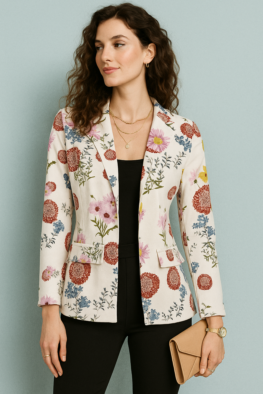 White Tailored Blazer with Multicolor Floral Print