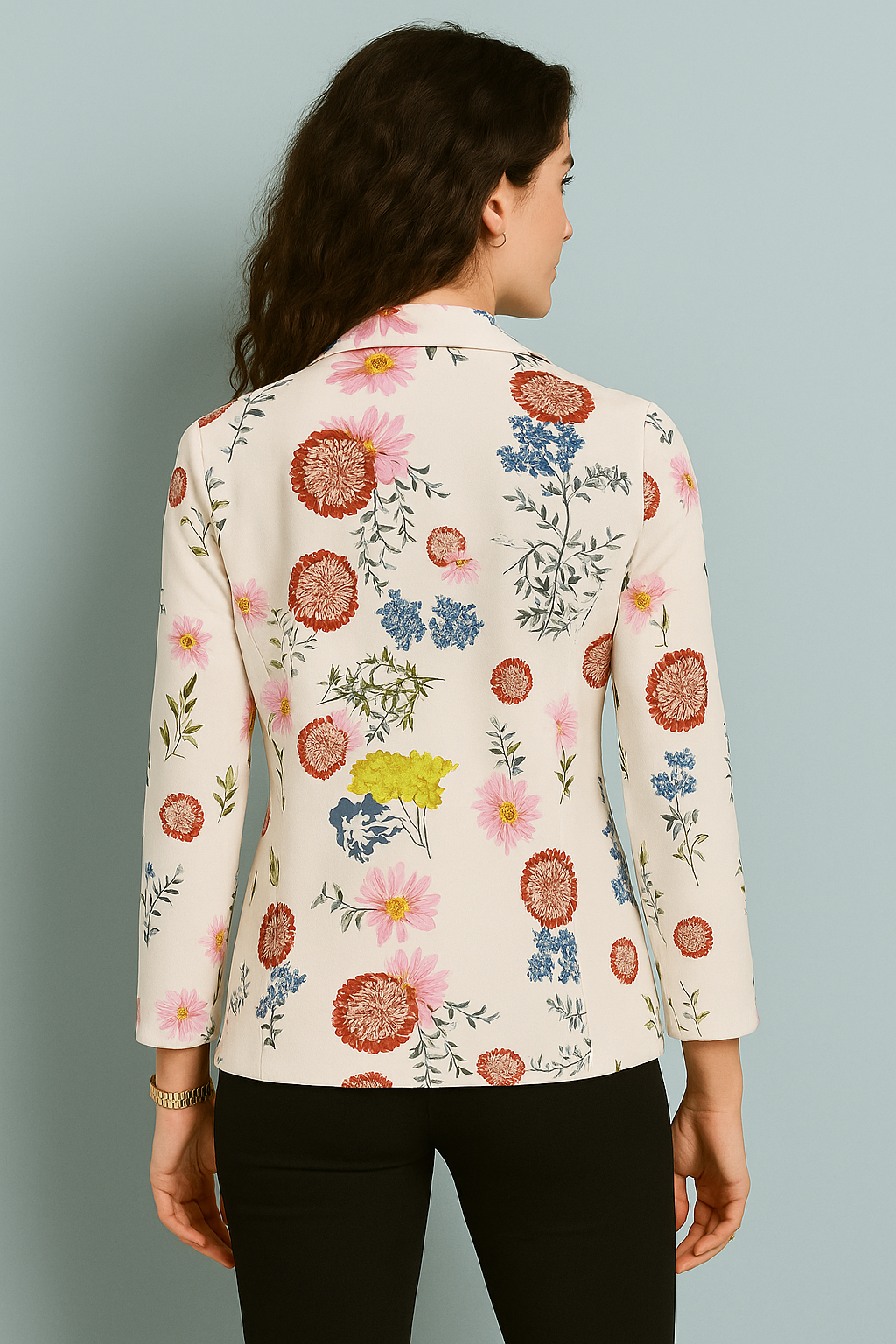White Tailored Blazer with Multicolor Floral Print
