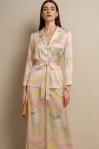 Pastel Watercolor Satin Co-ord Set with Belted Shirt and Wide-Leg Pants